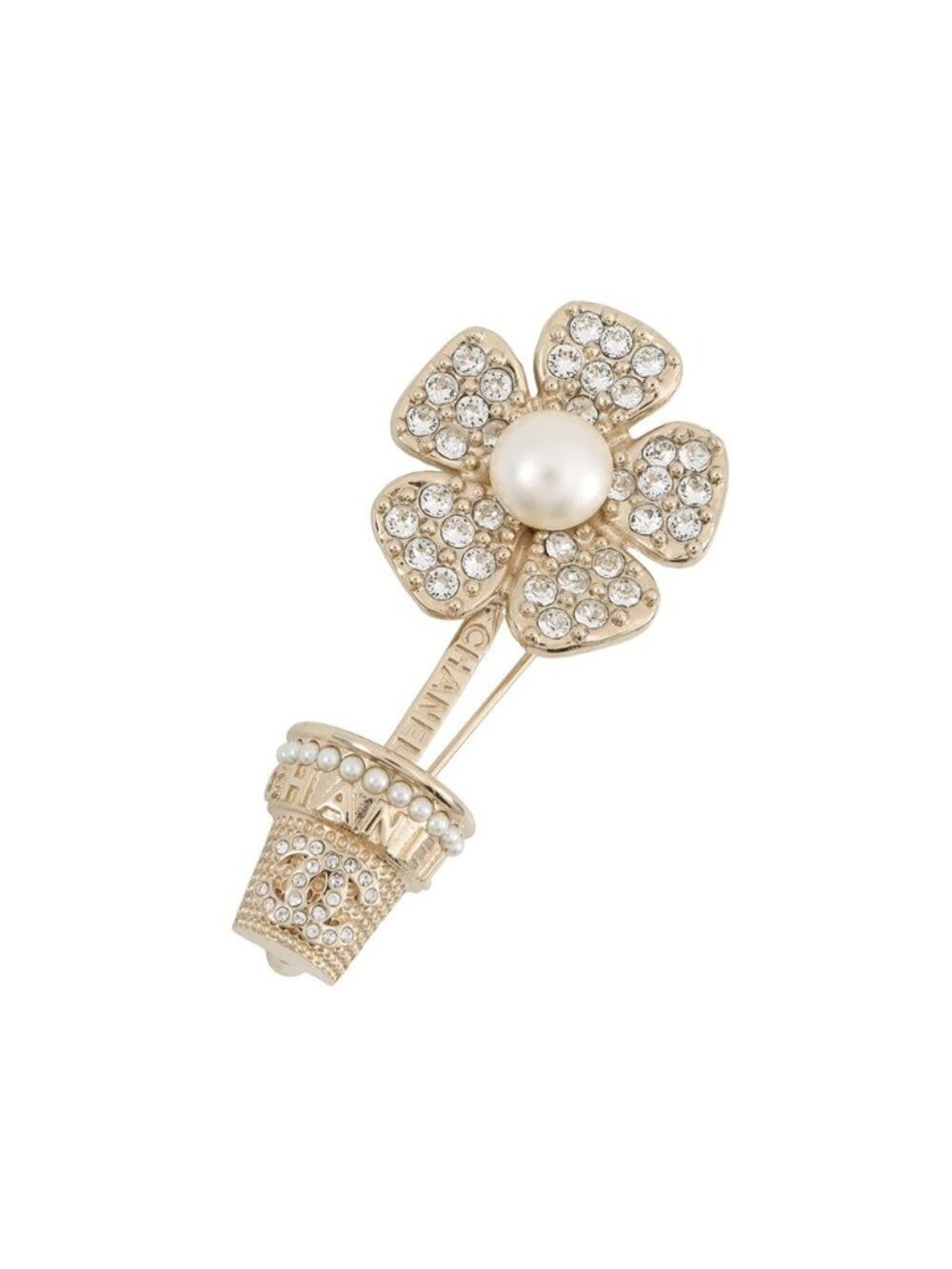 Chanel Brooch Flower Motif CC Logo Faux Pearl Rhinestone